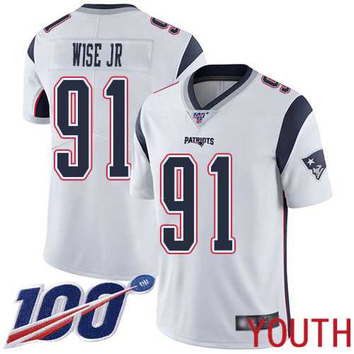 New England Patriots Football #91 100th Season Limited White Youth Deatrich Wise Jr Road NFL Jersey